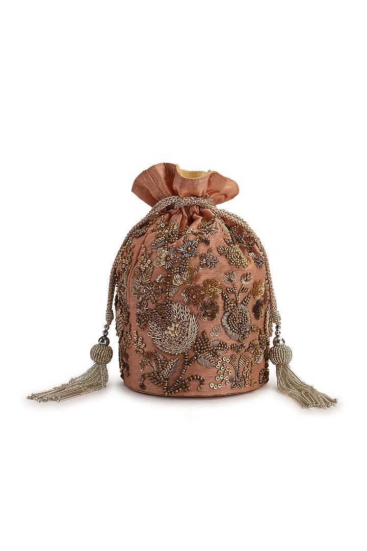 Coral Hand Embroidered Potli With Detachable Sling Chain by The Purple Sack at Pernia's Pop Up Shop