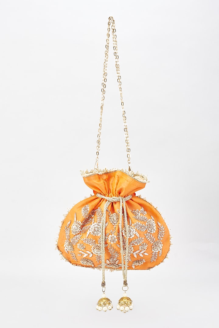Orange Raw Silk Hand Embroidered Potli by The Purple Sack at Pernia's Pop Up Shop