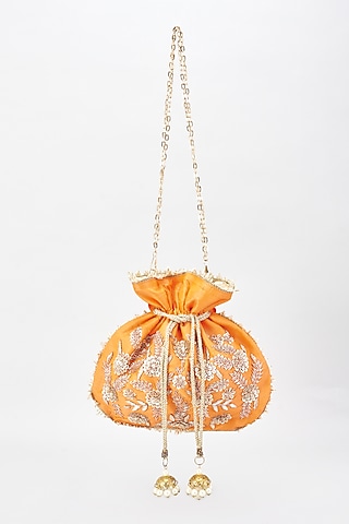 Orange Raw Silk Hand Embroidered Potli by The Purple Sack