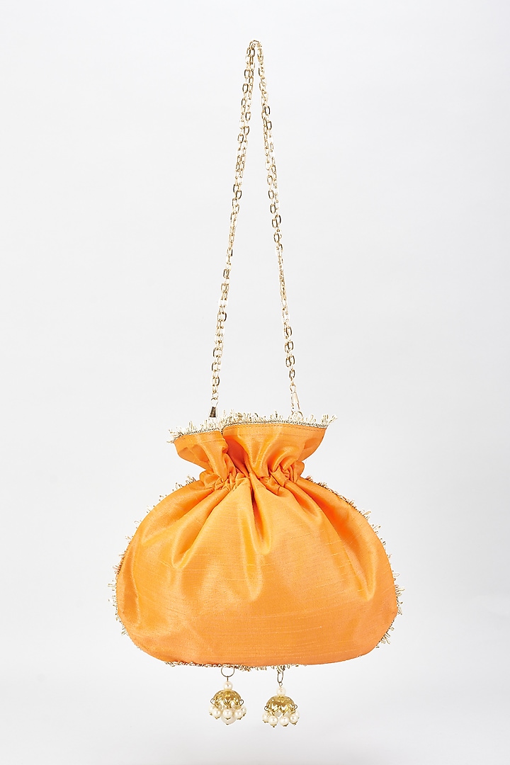 Orange Raw Silk Hand Embroidered Potli by The Purple Sack at Pernia's Pop Up Shop