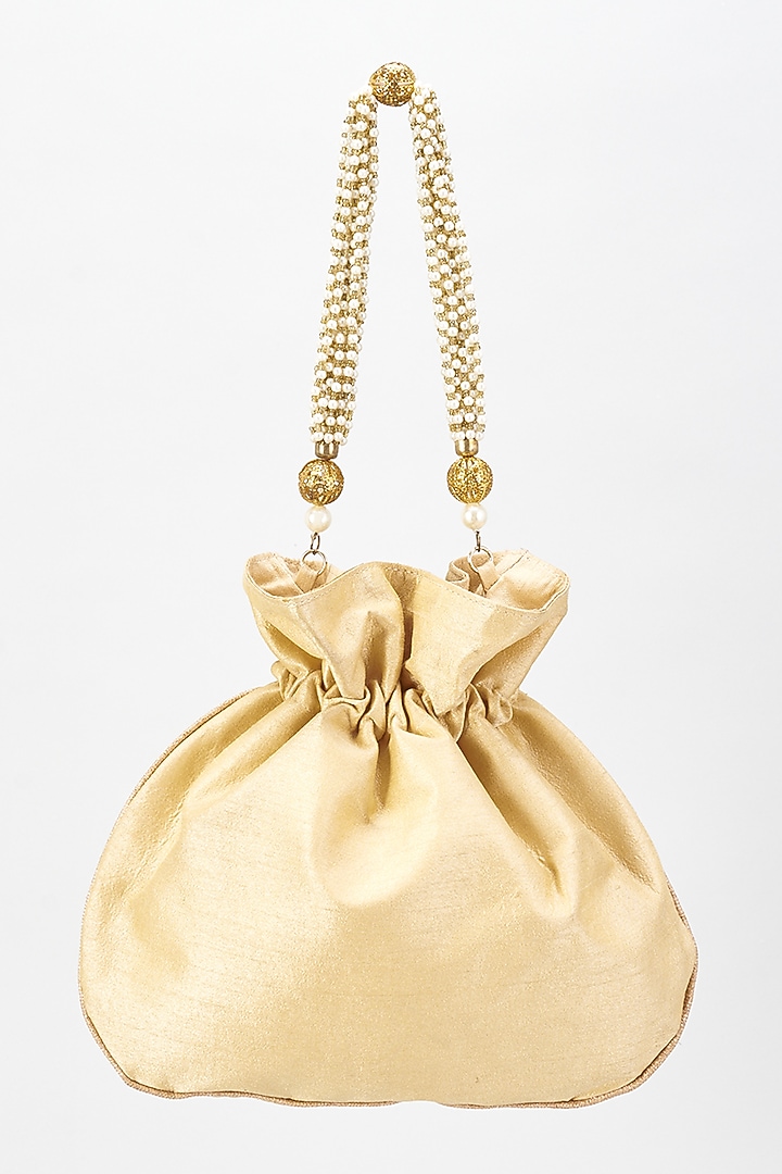 Gold Raw Silk Hand Embroidered Potli by The Purple Sack at Pernia's Pop Up Shop