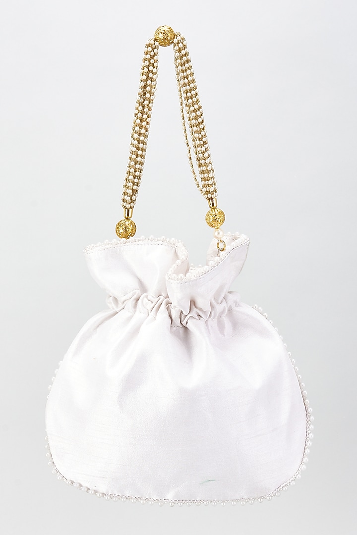 White Raw Silk Hand Embroidered Potli by The Purple Sack at Pernia's Pop Up Shop