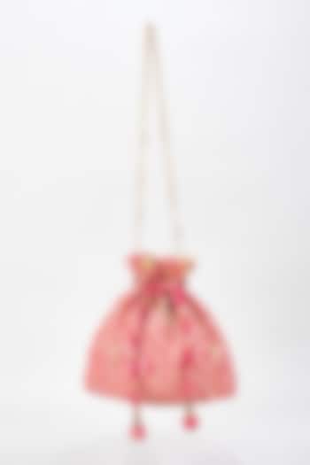 Pink Raw Silk Hand Embroidered Potli by The Purple Sack at Pernia's Pop Up Shop