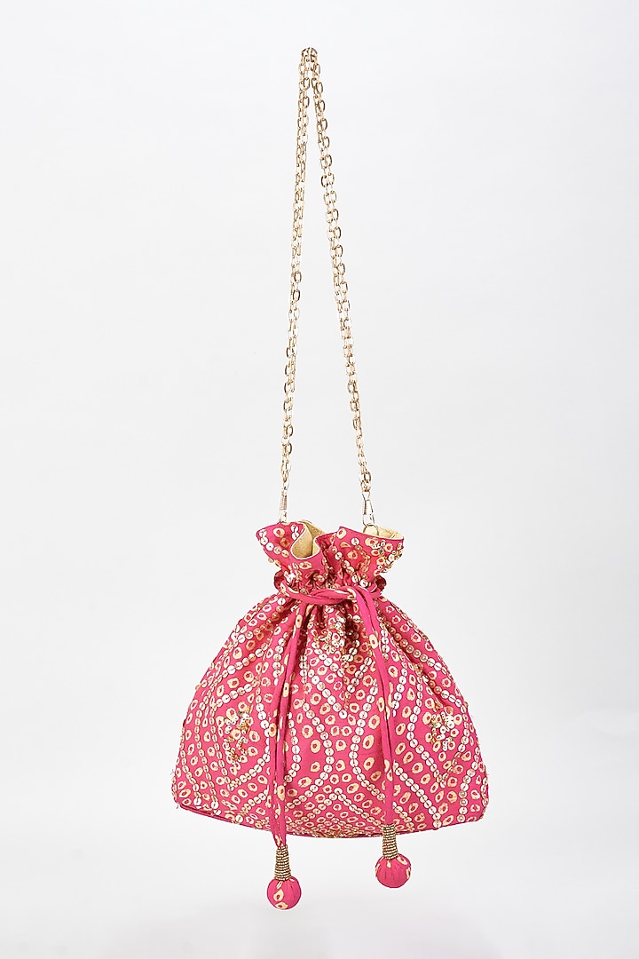 Pink Raw Silk Hand Embroidered Potli by The Purple Sack at Pernia's Pop Up Shop