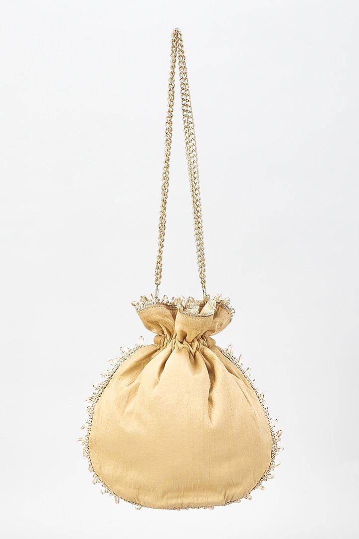 Gold Raw Silk Hand Embroidered Potli by The Purple Sack at Pernia's Pop Up Shop