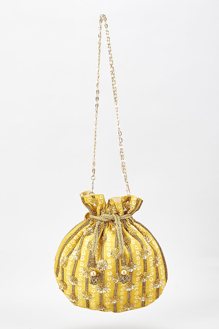 Yellow Raw Silk Hand Embroidered Potli by The Purple Sack at Pernia's Pop Up Shop