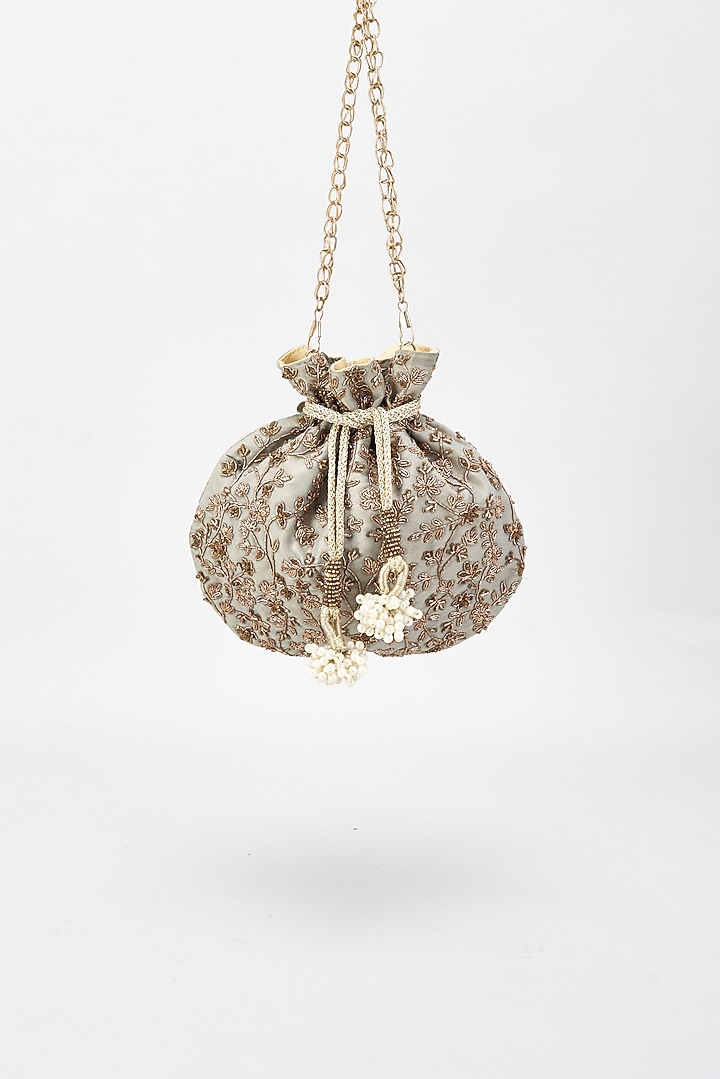 Multi-Colored Raw Silk Hand Embroidered Potli by The Purple Sack at Pernia's Pop Up Shop