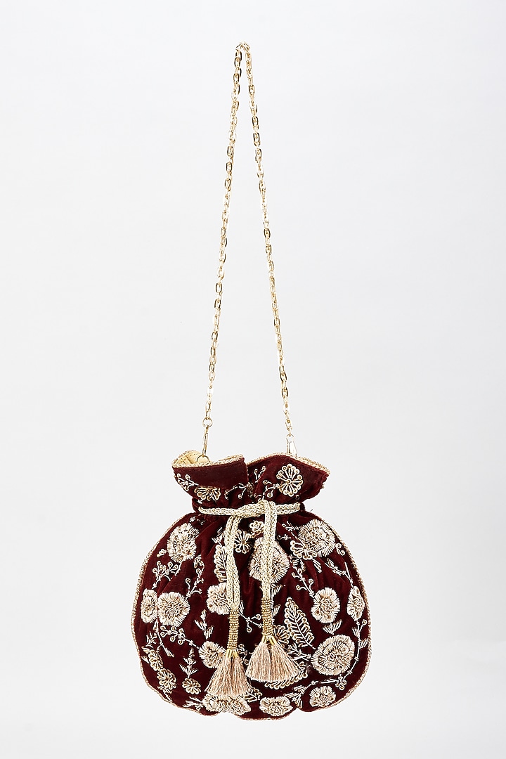Maroon Raw Silk Hand Embroidered Potli by The Purple Sack at Pernia's Pop Up Shop