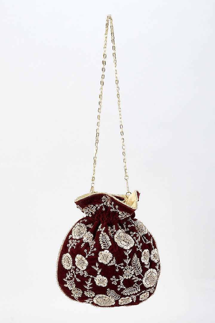 Maroon Raw Silk Hand Embroidered Potli by The Purple Sack at Pernia's Pop Up Shop