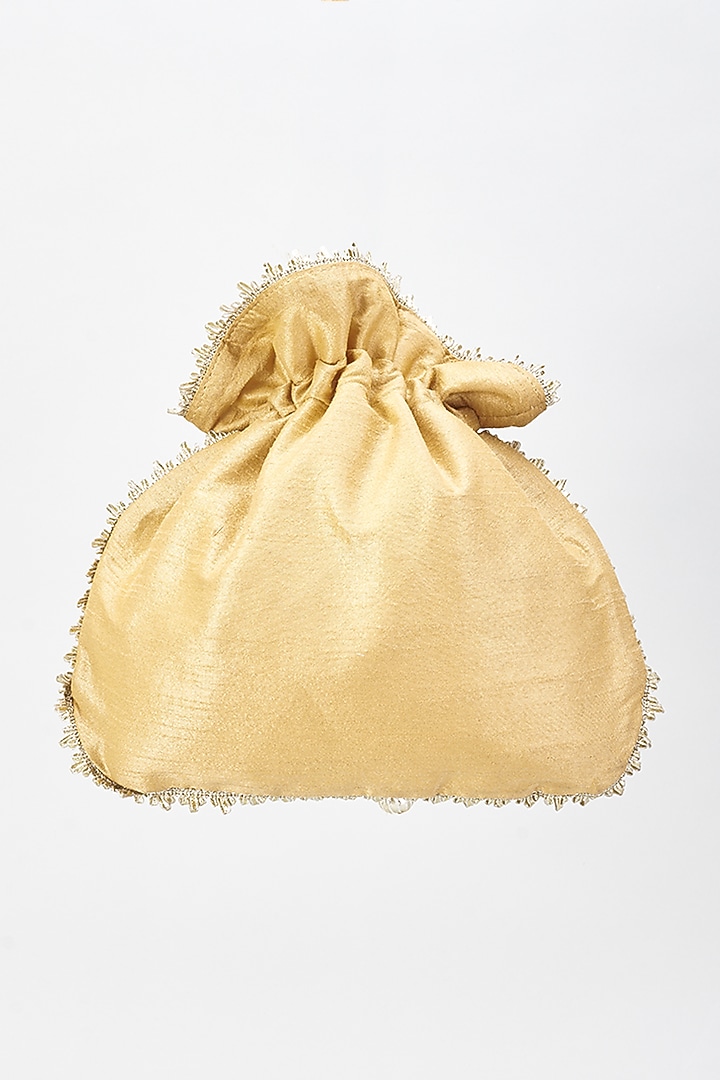 Gold Raw Silk Hand Embroidered Potli by The Purple Sack at Pernia's Pop Up Shop