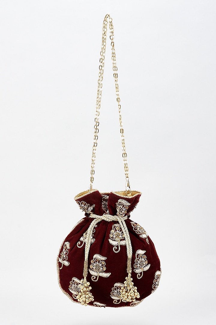 Maroon Raw Silk Hand Embroidered Potli by The Purple Sack at Pernia's Pop Up Shop