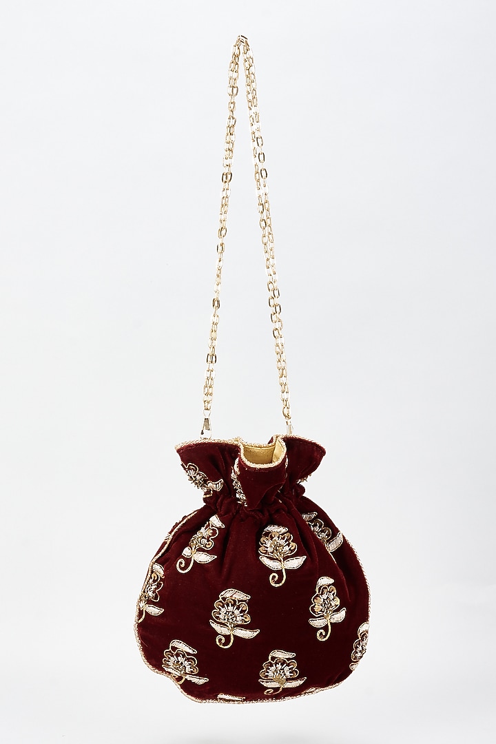 Maroon Raw Silk Hand Embroidered Potli by The Purple Sack at Pernia's Pop Up Shop