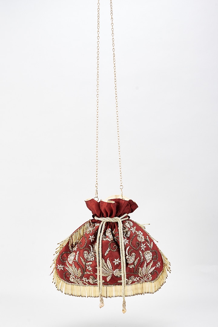 Maroon Raw Silk Hand Embroidered Potli by The Purple Sack at Pernia's Pop Up Shop