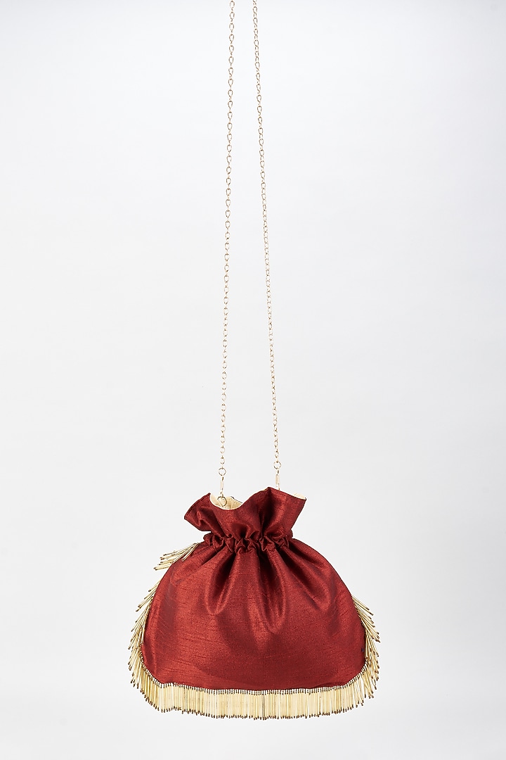 Maroon Raw Silk Hand Embroidered Potli by The Purple Sack at Pernia's Pop Up Shop