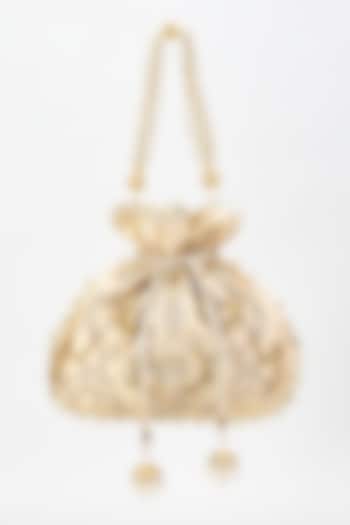 Gold Raw Silk Hand Embroidered Potli by The Purple Sack at Pernia's Pop Up Shop