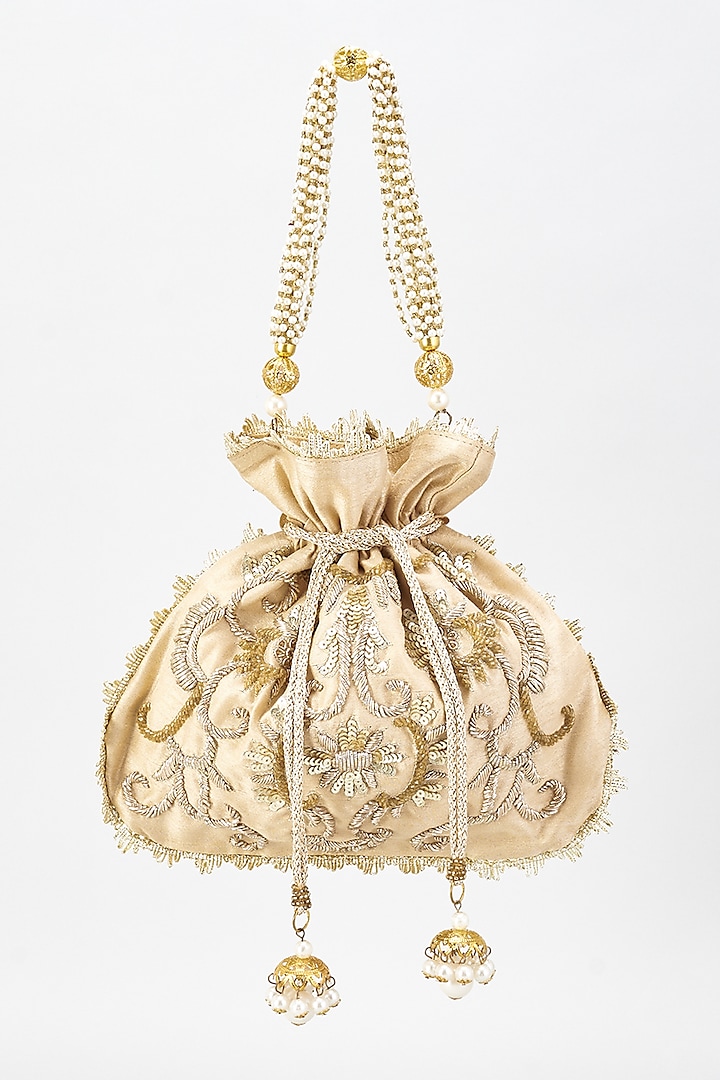 Gold Raw Silk Hand Embroidered Potli by The Purple Sack at Pernia's Pop Up Shop