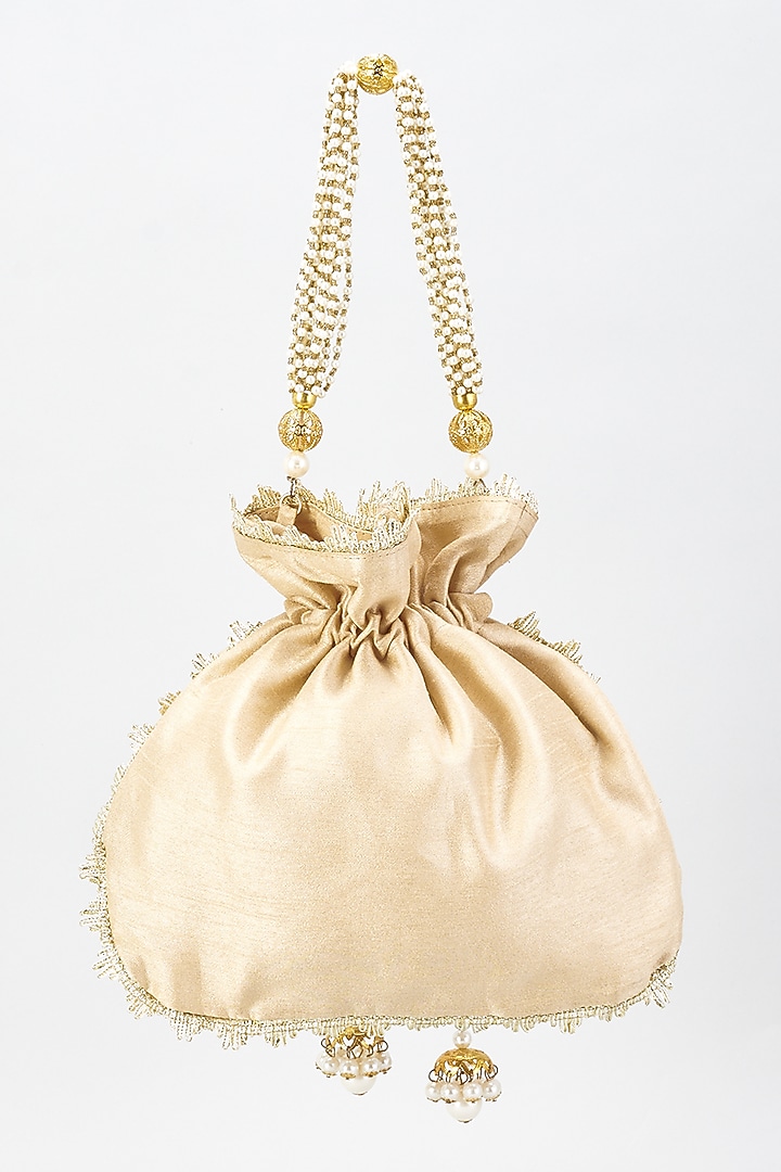 Gold Raw Silk Hand Embroidered Potli by The Purple Sack at Pernia's Pop Up Shop