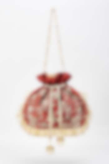 Maroon Raw Silk Hand Embroidered Potli by The Purple Sack at Pernia's Pop Up Shop