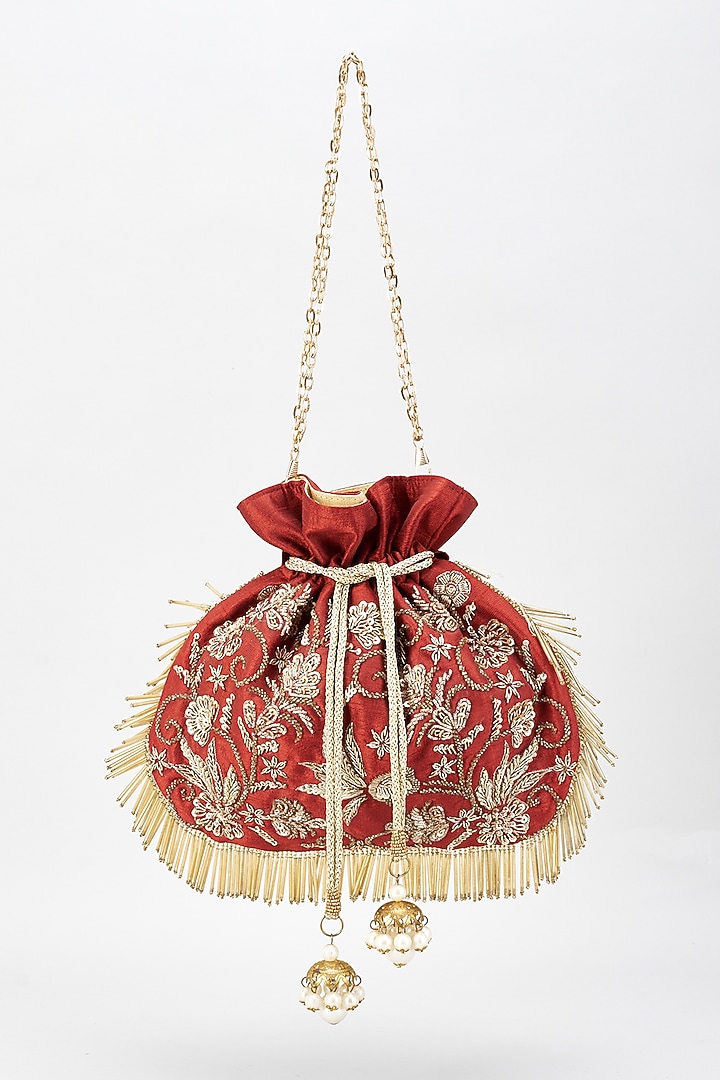 Maroon Raw Silk Hand Embroidered Potli by The Purple Sack at Pernia's Pop Up Shop