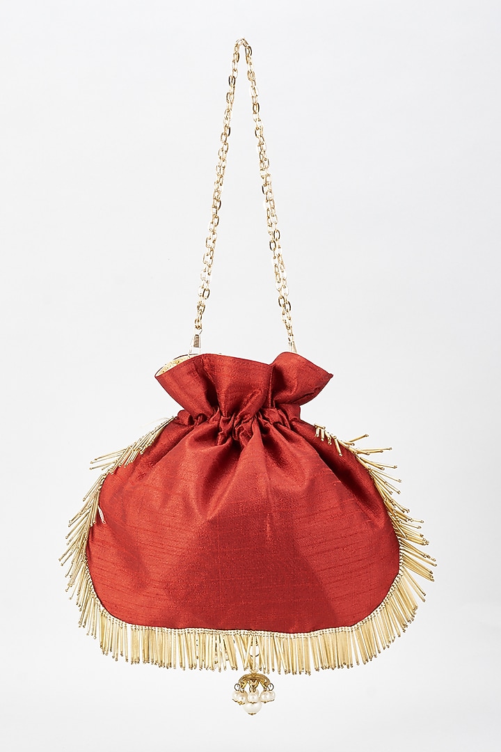 Maroon Raw Silk Hand Embroidered Potli by The Purple Sack at Pernia's Pop Up Shop