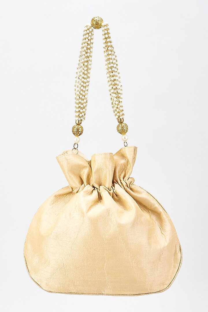 Gold Raw Silk Hand Embroidered Potli by The Purple Sack at Pernia's Pop Up Shop