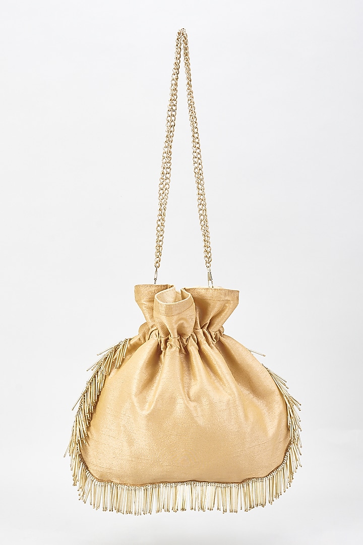 Gold Raw Silk Hand Embroidered Potli by The Purple Sack at Pernia's Pop Up Shop