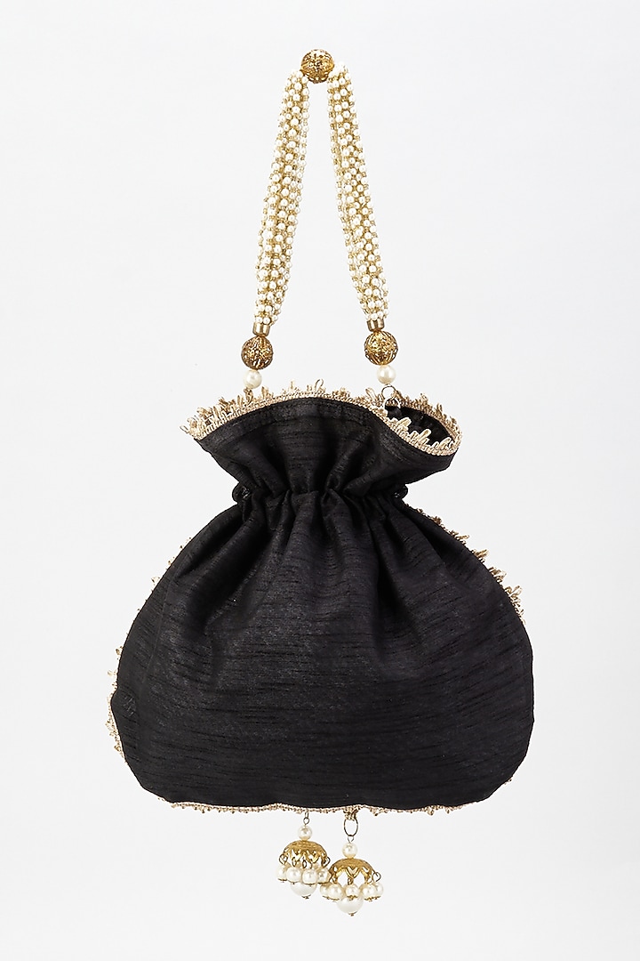 Black Raw Silk Hand Embroidered Potli by The Purple Sack at Pernia's Pop Up Shop