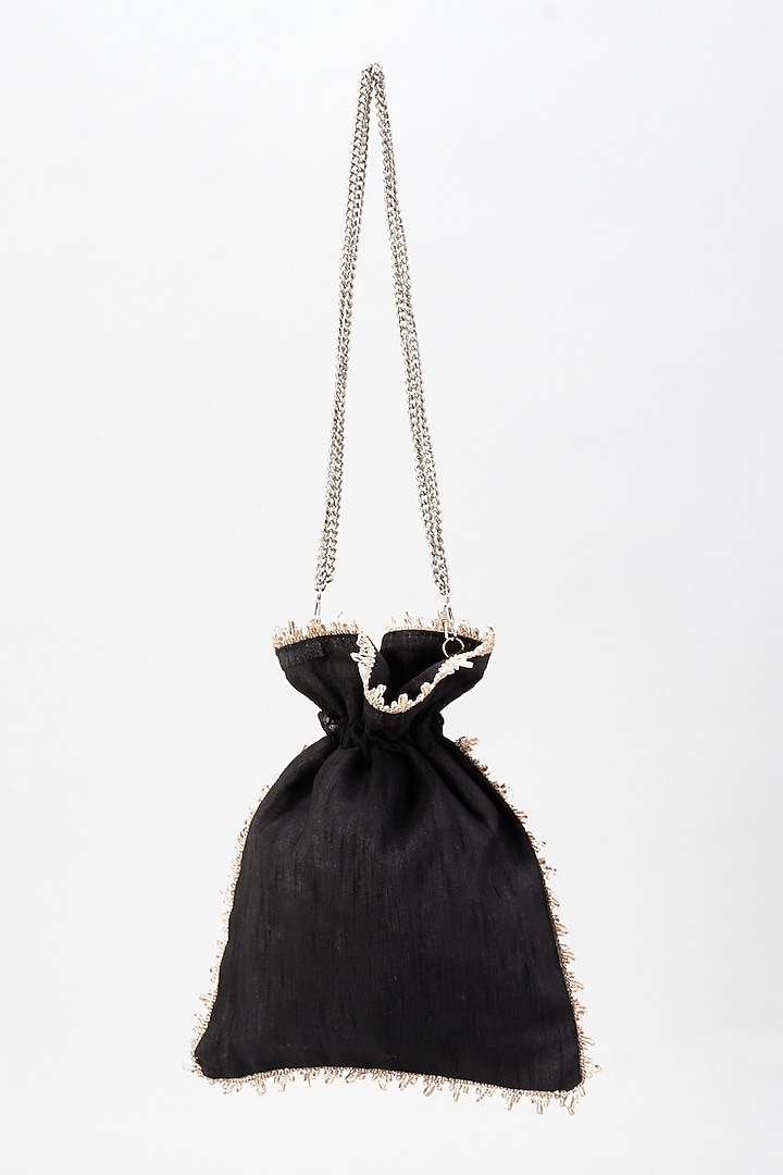 Black Raw Silk Hand Embroidered Potli by The Purple Sack at
