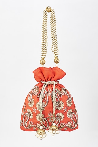 Red Raw Silk Hand Embroidered Potli by The Purple Sack