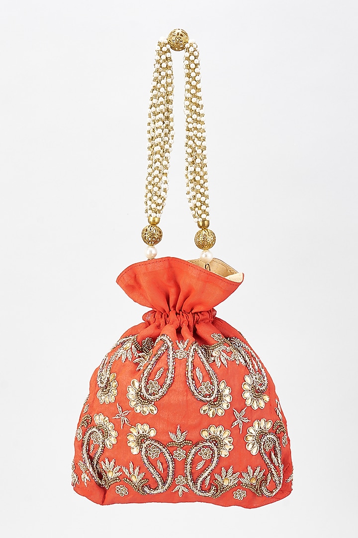 Red Raw Silk Hand Embroidered Potli by The Purple Sack at Pernia's Pop Up Shop