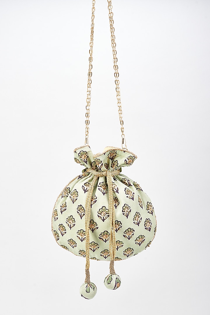 Green Cotton Silk Hand Embroidered Potli by The Purple Sack at Pernia's Pop Up Shop