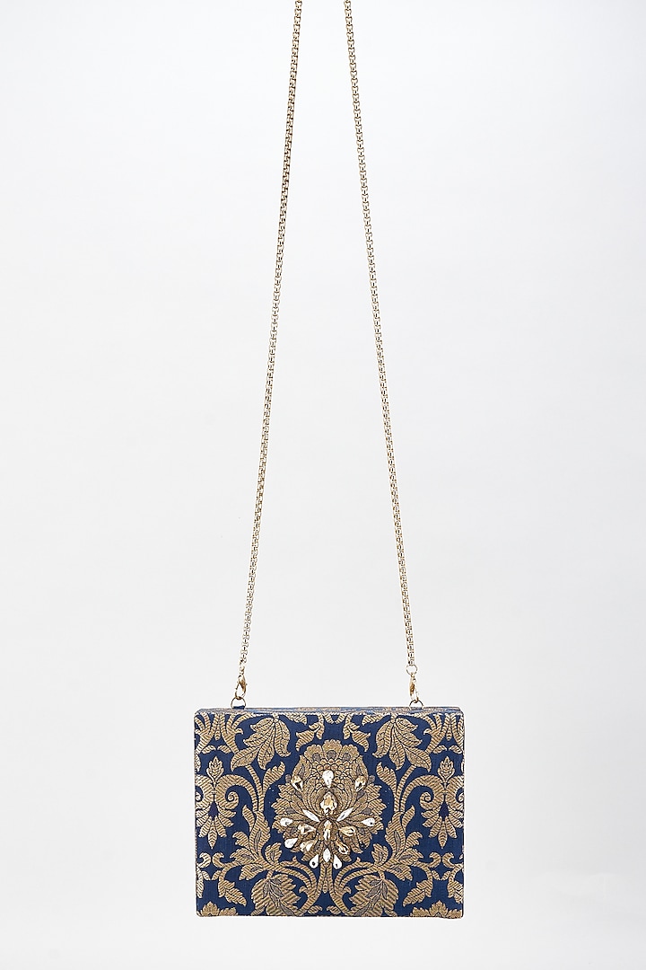 Blue Raw Silk Hand Embroidered Clutch by The Purple Sack at Pernia's Pop Up Shop