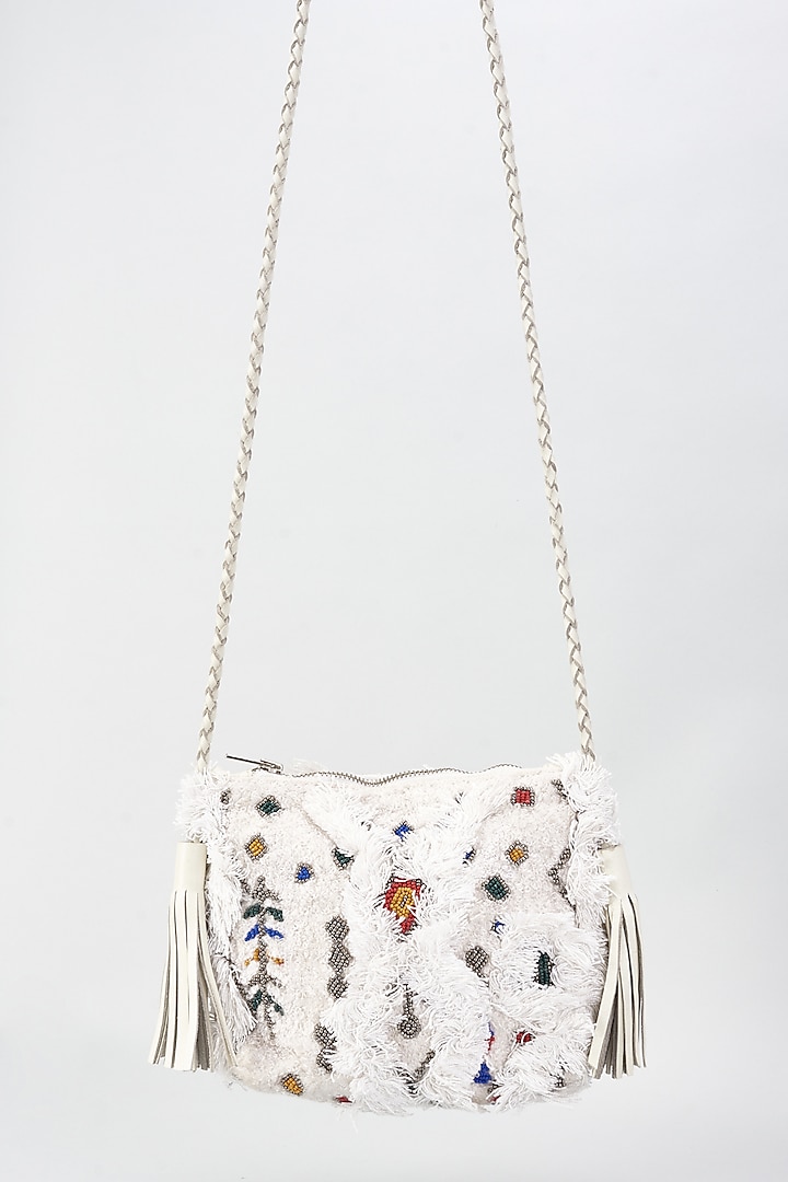 White Canvas Hand Embroidered Handbag by The Purple Sack at Pernia's Pop Up Shop