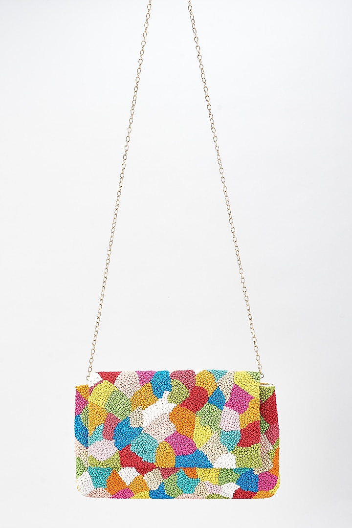 Multi-Colored Raw Silk Hand Embroidered Clutch by The Purple Sack at Pernia's Pop Up Shop