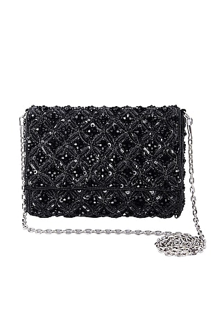 Black Dupion Silk Hand Embroidered Clutch Bag by The Purple Sack