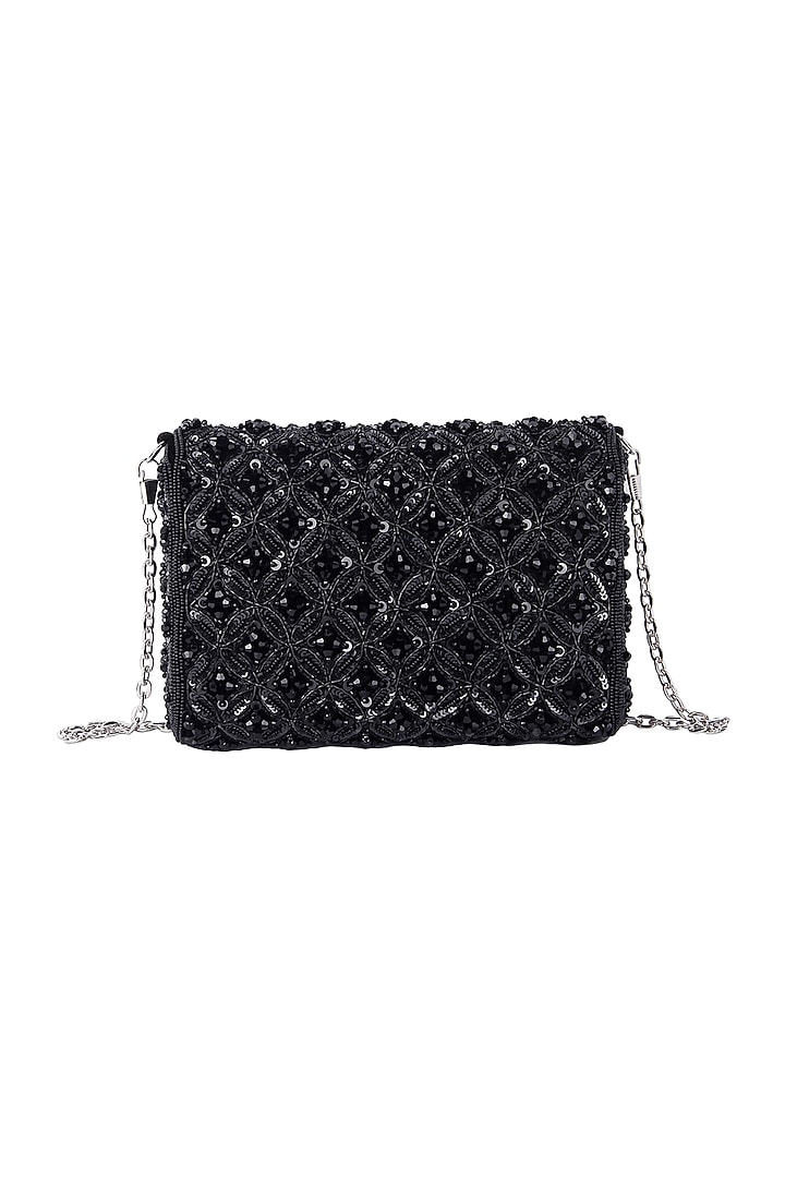 Black Dupion Silk Hand Embroidered Clutch Bag by The Purple Sack at Pernia's Pop Up Shop