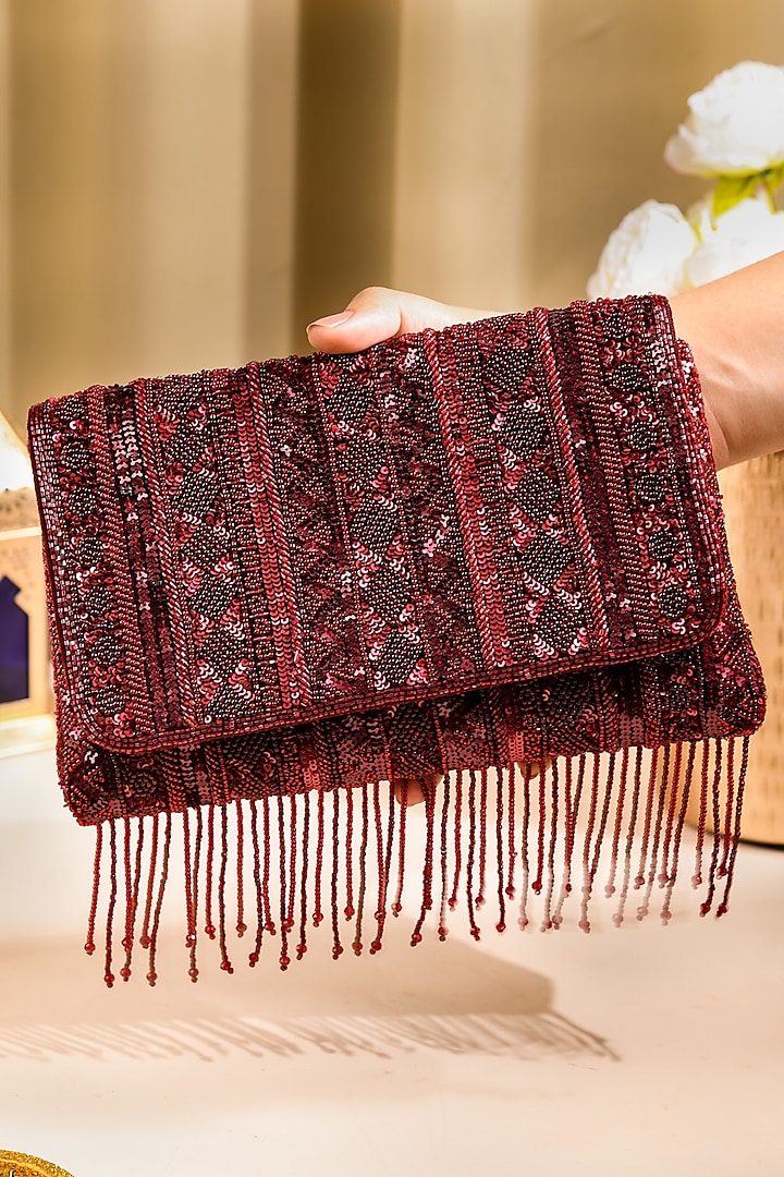 Maroon Dupion Silk Hand Embroidered Clutch Bag by The Purple Sack at Pernia's Pop Up Shop