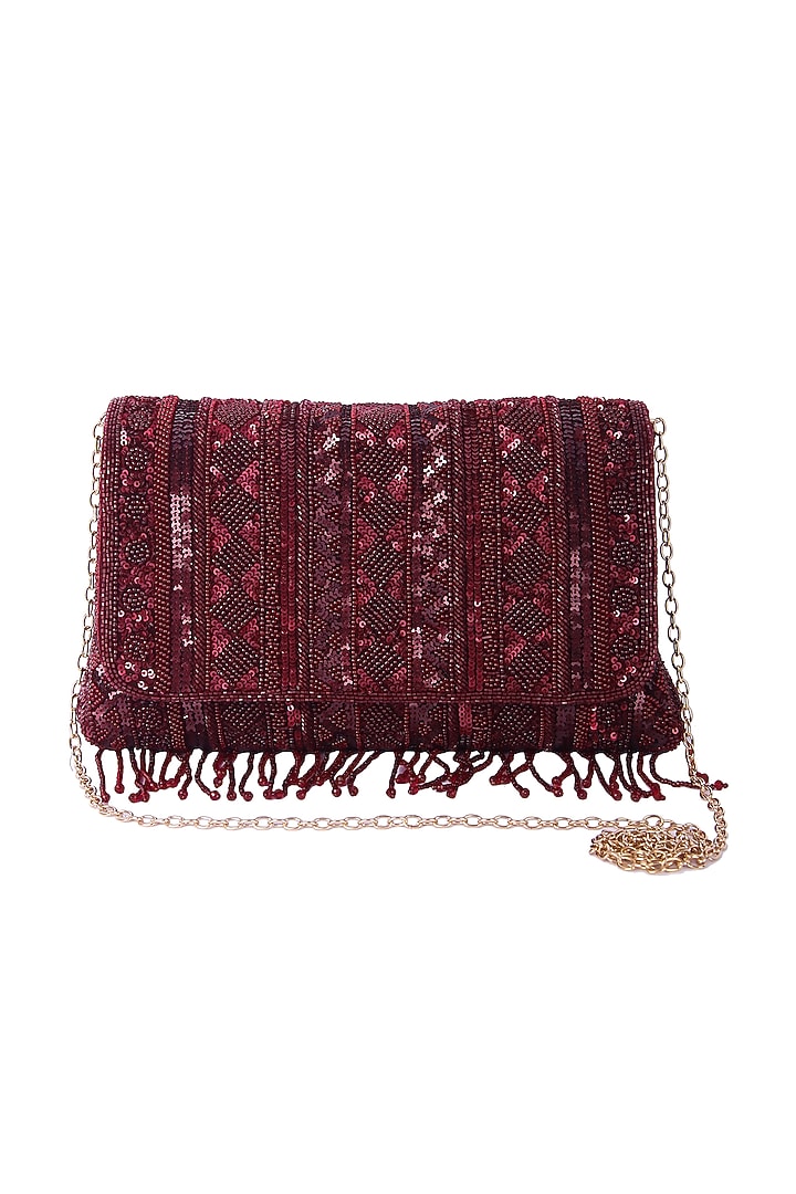 Maroon Dupion Silk Hand Embroidered Clutch Bag by The Purple Sack at Pernia's Pop Up Shop