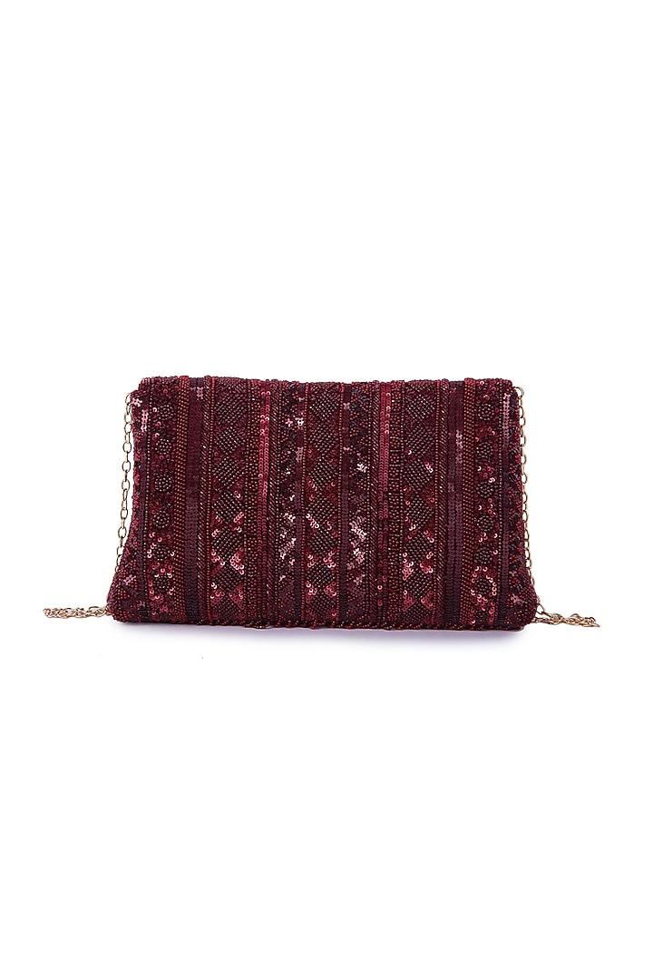 Maroon Dupion Silk Hand Embroidered Clutch Bag by The Purple Sack at Pernia's Pop Up Shop