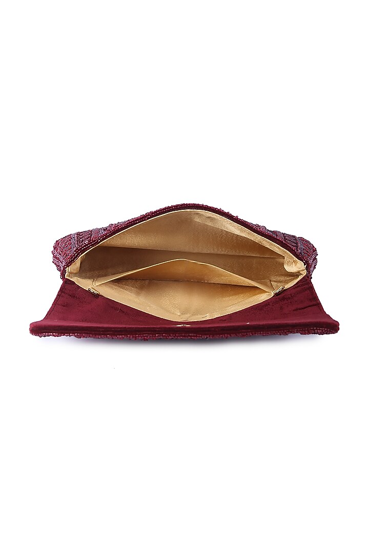 Maroon Dupion Silk Hand Embroidered Clutch Bag by The Purple Sack at Pernia's Pop Up Shop