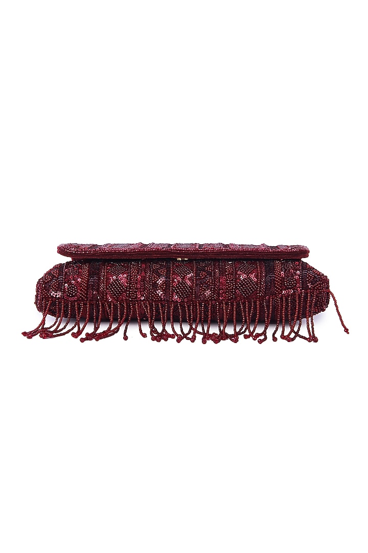 Maroon Dupion Silk Hand Embroidered Clutch Bag by The Purple Sack at Pernia's Pop Up Shop