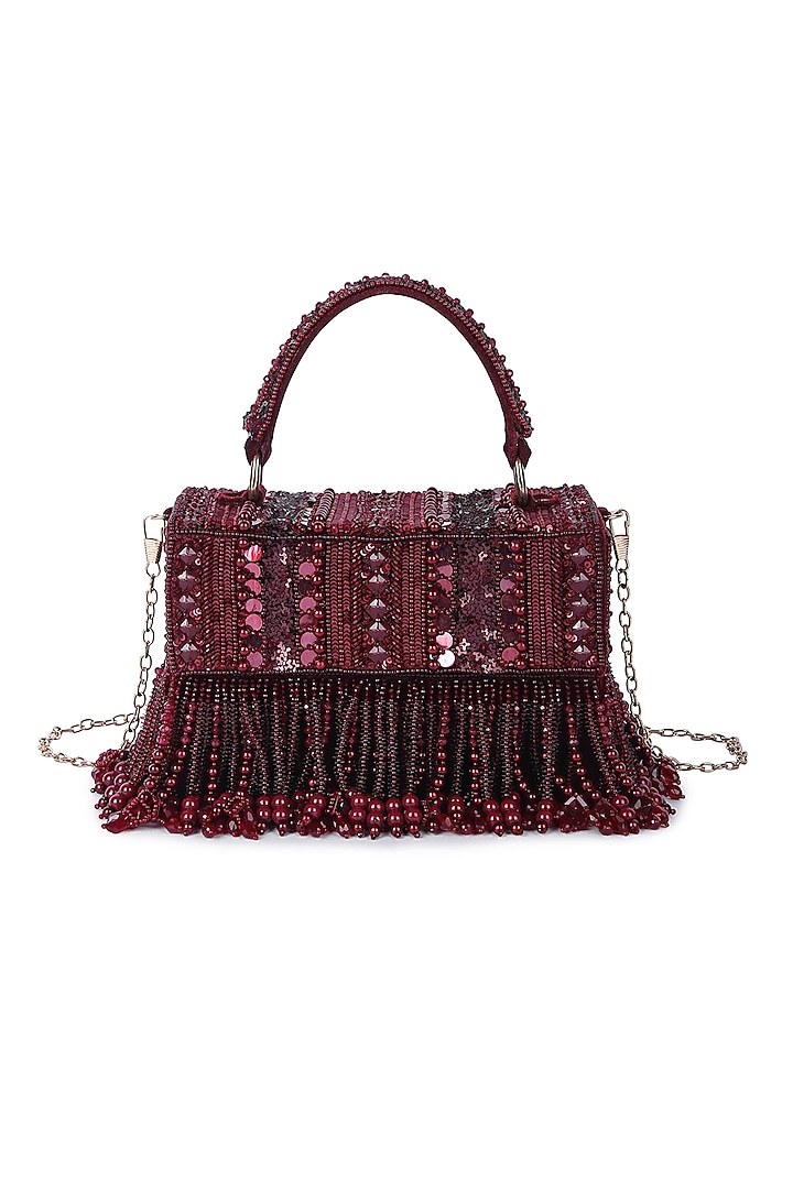 Maroon Dupion Silk Hand Embroidered Clutch Bag by The Purple Sack at Pernia's Pop Up Shop