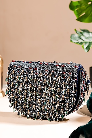 Multi-Colored Dupion Silk Hand Embroidered Clutch Bag by The Purple Sack