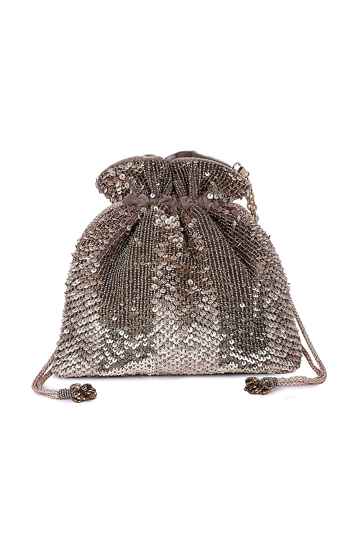 Grey Velvet Hand Embroidered Potli by The Purple Sack at Pernia's Pop Up Shop