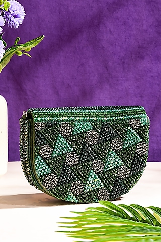 Green Dupion Silk Hand Embroidered Clutch Bag by The Purple Sack