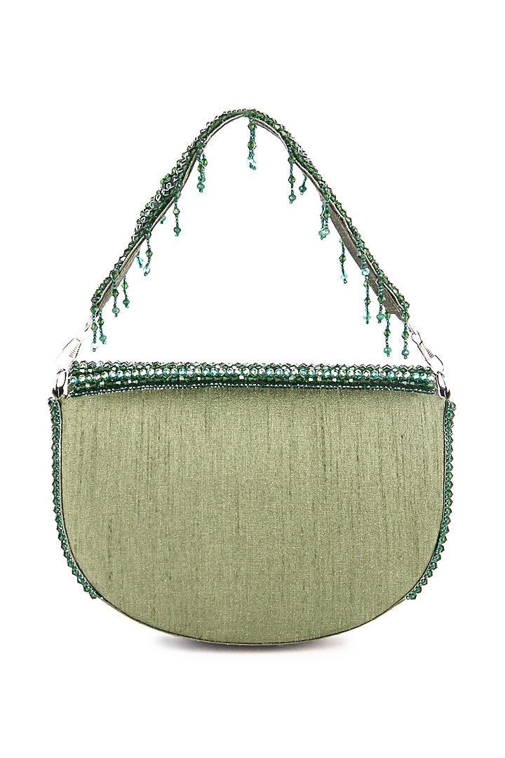 Green Dupion Silk Hand Embroidered Clutch Bag by The Purple Sack at Pernia's Pop Up Shop