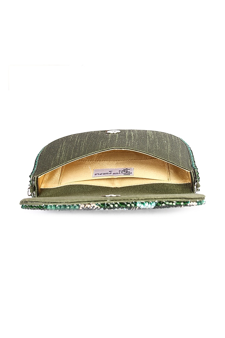 Green Dupion Silk Hand Embroidered Clutch Bag by The Purple Sack at Pernia's Pop Up Shop