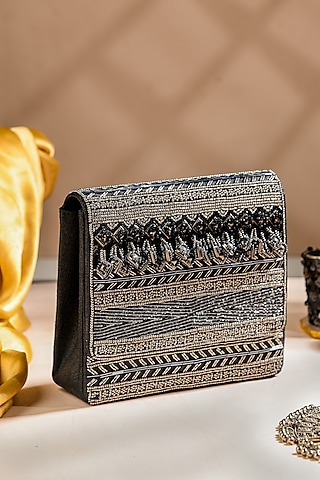 Black Dupion Silk Hand Embroidered Clutch Bag by The Purple Sack