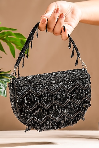 Black Dupion Silk Hand Embroidered Clutch Bag by The Purple Sack