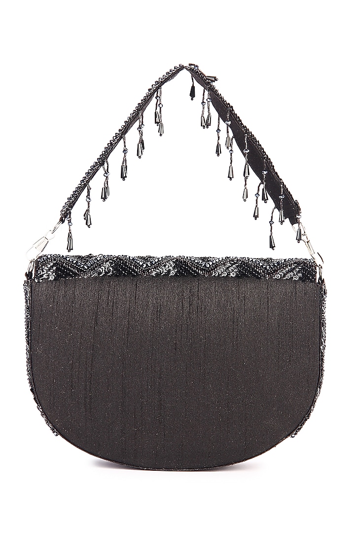 Black Dupion Silk Hand Embroidered Clutch Bag by The Purple Sack at Pernia's Pop Up Shop